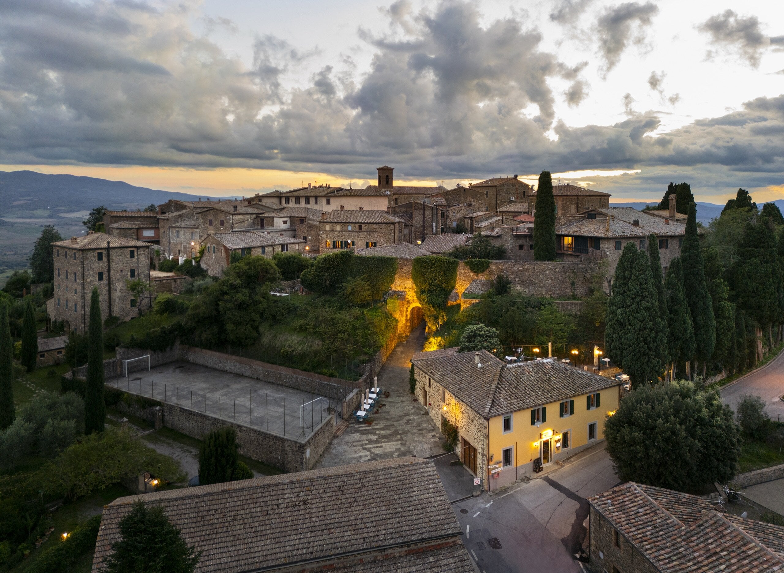 Sant'Angelo in Colle at sunset, with Mount Amiata in the background of the Val d'Orcia